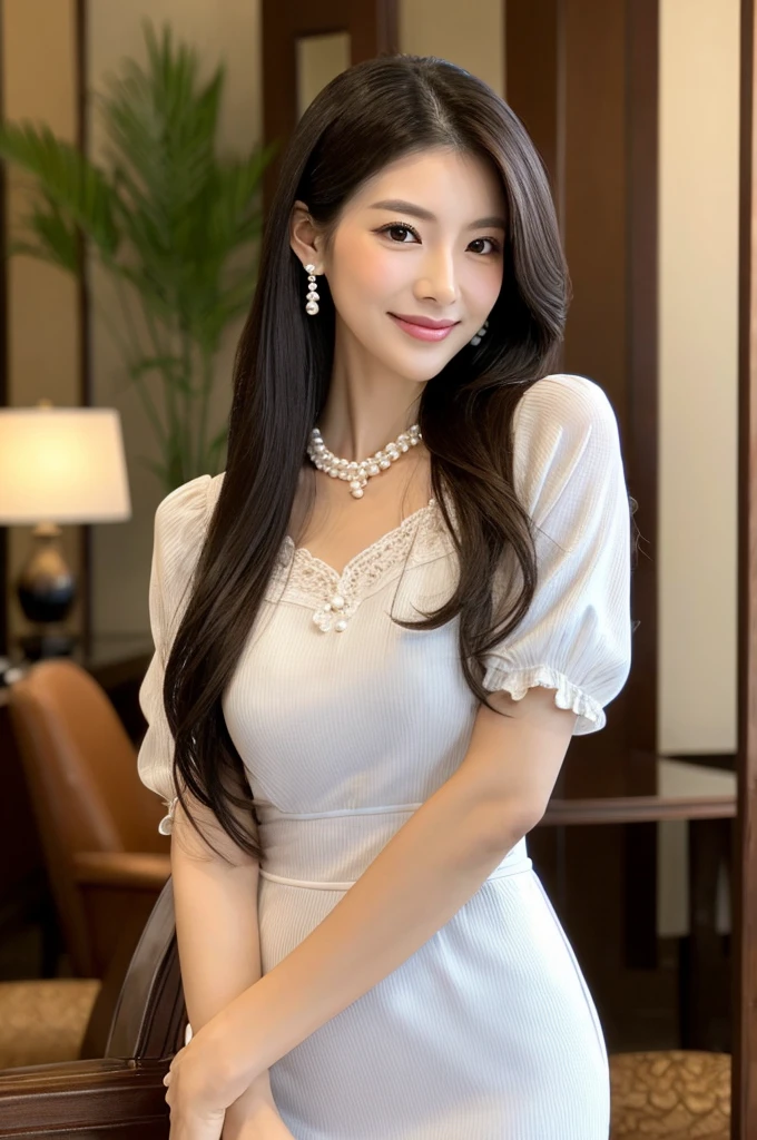 VIP room of hotel lounge, lounge mama of resort hotel, ((full body)), ((photo)), ((best qualtiy, 8K, tmasterpiece:1.3)), Focus:1.2, perfect figure beautiful woman:1.4, 1woman, cowboy shot, look at viewer, eyes facing the camera, incredibly absurd, beautiful and cute woman with a photorealistic face, showcasing top-quality craftsmanship, A Japanese woman welcoming guests in the Japanese-style lounge of a resort hotel, 37 years old, has long, lustrous black hair, long jet black hair, elegantly styled, beautiful hair, fair skin, smooth skin, well-defined facial features, gentle eyebrows, plump lips, bright smile, well-aligned teeth, deep brown eyes that exude intelligence and sexiness, refined facial features, beautiful skin, elegant atmosphere, tall, glamorous, well-balanced proportions, large G-cup breasts, a cool pale blue dress with a waist-marked design and elegant frills on the sleeves and skirt, pearl earrings and necklace, a diamond ring on the ring finger of the left hand, a silver bracelet on the right wrist, beautiful, mature, neat, cute voice, soothing, Japanese-style beauty, cheerful and kind, a good listener who can get along with anyone, mysterious with a deep loneliness inside, hardworking, expressive with rich emotions, also has a playful side, August