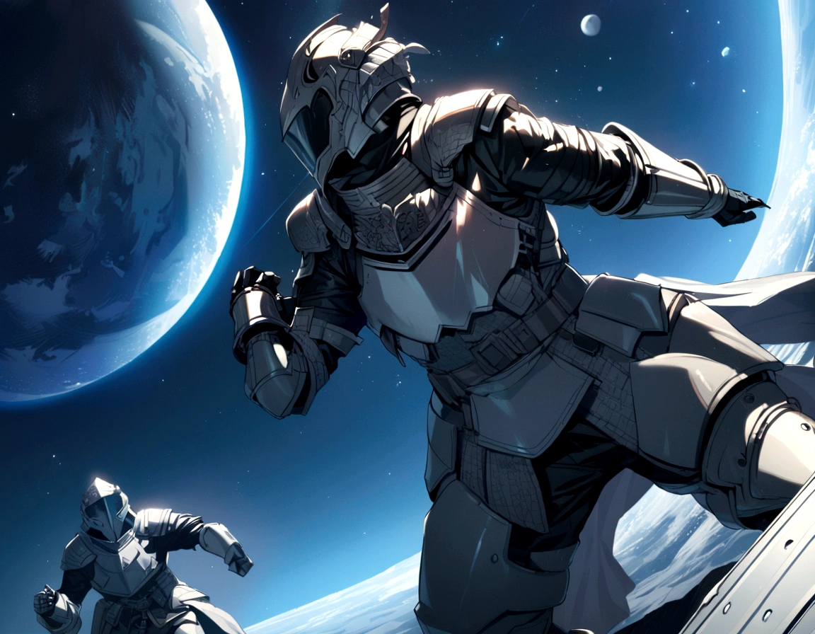 2man, knights armor, military uniform, 2 man fighting in space, fighting scene, view from afar, 