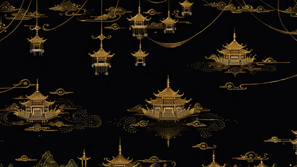 Gold leaf art、ancient chinese painting, ancient chinese background, Mountain々, Rivers, Auspicious clouds, Pavilion, sunlight, masterpiece, Super detailed, A magnificent composition, Ultra HD, high quality, Very detailed, Official Art, Unified 8k wallpaper, Super detailed, 32k -- V 6