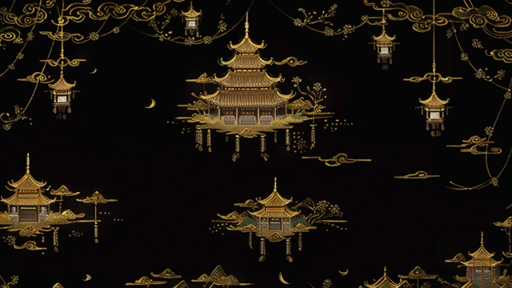 Gold leaf art、ancient chinese painting, ancient chinese background, Mountain々, Rivers, Auspicious clouds, Pavilion, sunlight, masterpiece, Super detailed, A magnificent composition, Ultra HD, high quality, Very detailed, Official Art, Unified 8k wallpaper, Super detailed, 32k -- V 6