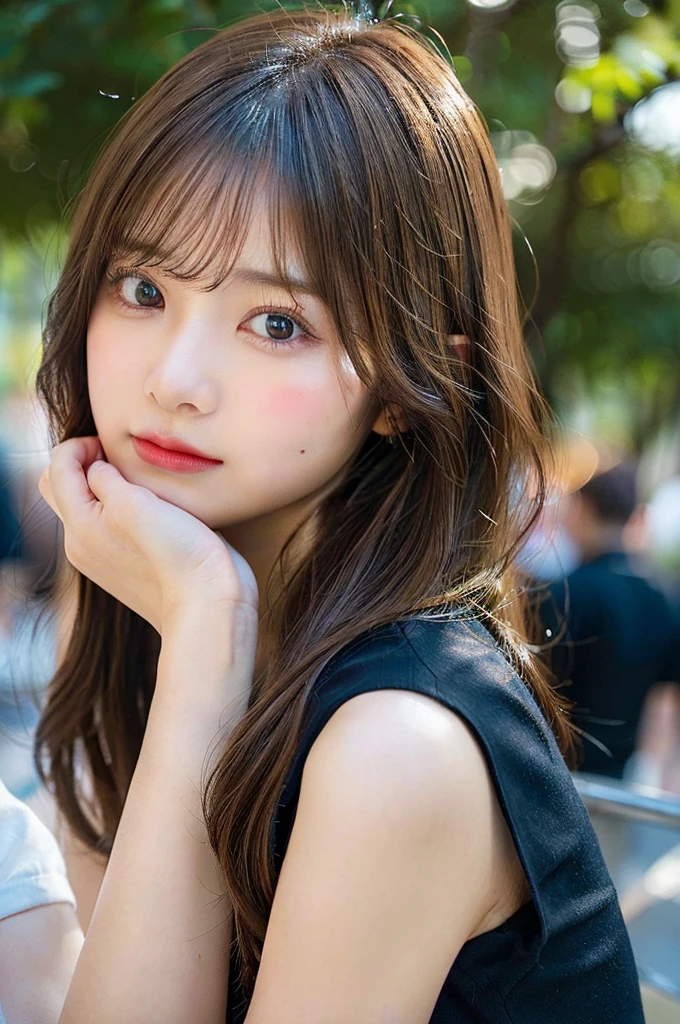 (masterpiece:1.5)、(Realistic:1.5)、(Highest quality:1.4、8K、RAW Photos)、 Ultra-high resolution、Professional Lighting、Perfect dynamic composition、Film Grain、chromatic aberration、(Bokeh:1.1)、 Frank、Sophisticated、charm、超Realistic、High detail、Golden Ratio、 (1 Girl)、Slender girl、繊細でcharm女の子、Cute Woman:1.4、 Serious expression、Looking at the audience、Light brown hair、Shiny Hair、The hairstyle is long hair、 Realistic looking skin、 shut up.、Beautiful Eyes、double eyelid、Thin arms、