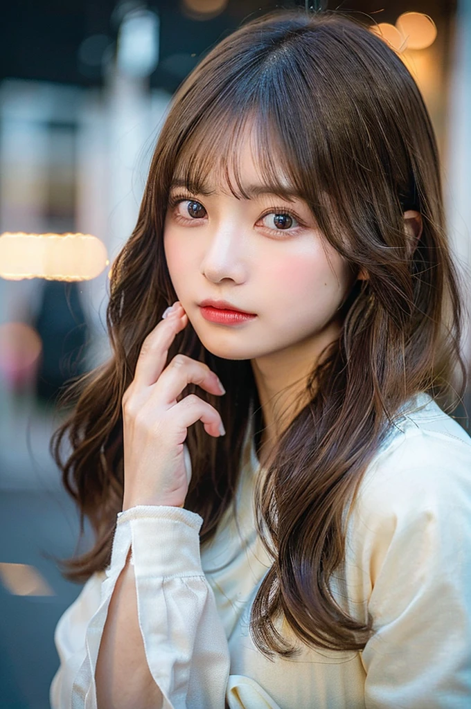 (masterpiece:1.5)、(Realistic:1.5)、(Highest quality:1.4、8K、RAW Photos）、 Ultra-high resolution、Professional Lighting、Perfect dynamic composition、Film Grain、chromatic aberration、(Bokeh:1.1)、 Frank、Sophisticated、charm、超Realistic、High detail、Golden Ratio、 (1 Girl)、Slender girl、繊細でcharm女の子、Cute Woman:1.4、 Serious expression、Looking at the audience、Light brown hair、Shiny Hair、The hairstyle is long hair、 Realistic looking skin、 shut up.、Beautiful Eyes、double eyelid、Thin arms、