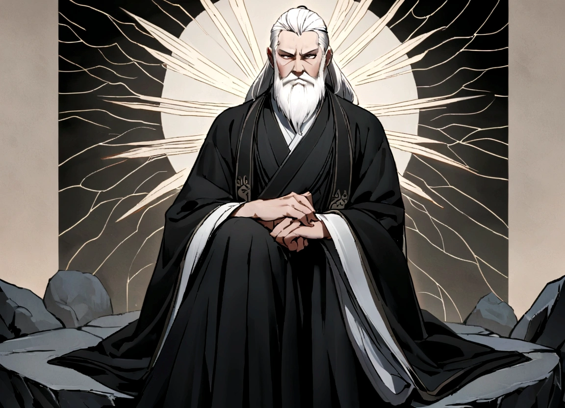 8K,最高画質Close-up of a young Chinese Taoism徒 leader sitting on a stone,Long white hair，Bearded，meditate with your legs crossed，Taoism, Wrapped in a black robe aura，Taoism徒,Taoism徒，Centrally located，To the camera，