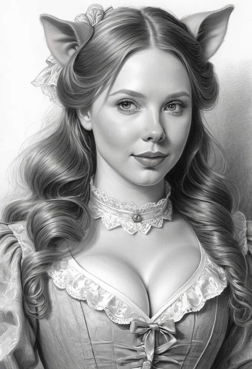 A pencil sketch of a beautiful victorian pig woman. (large pig ear, pig nose) who is a mash up of Molly Quinn, Scarlett Johanson and Alison Brie. snout like nose.