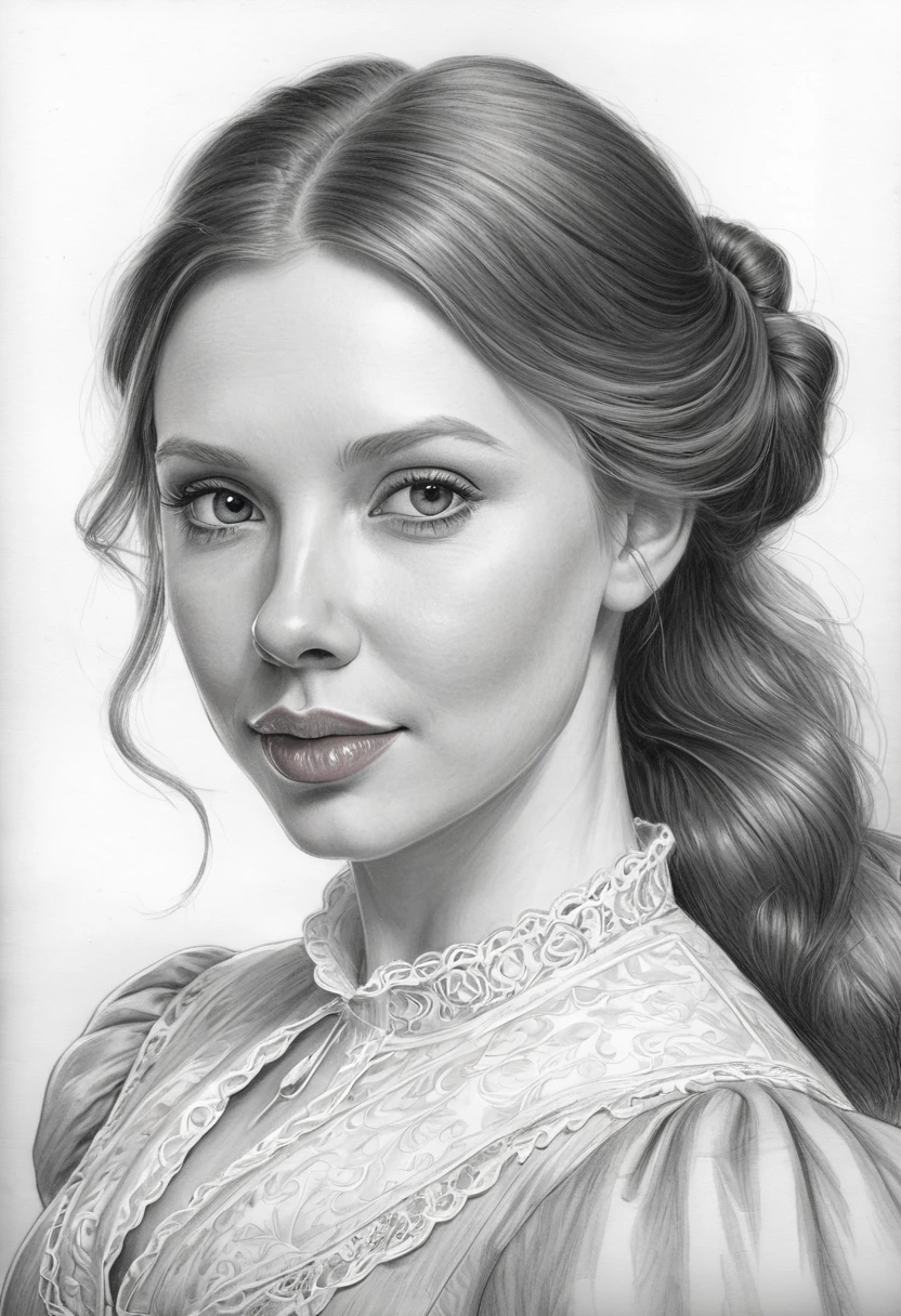 A pencil sketch of a beautiful victorian  pig woman. (large pig ear, pig nose) who is a mash up of Molly Quinn, Scarlett Johanson and Alison Brie. snout like nose.