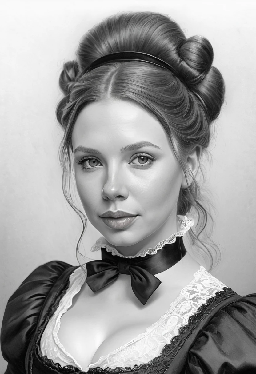 A pencil sketch of a beautiful victorian  pig woman. (large pig ear, pig nose) who is a mash up of Molly Quinn, Scarlett Johanson and Alison Brie. snout like nose.