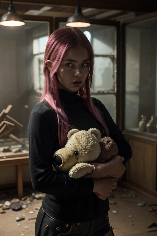 1 girl, pink hair, Blue eyes, (cowboy_shooting:1.2), facial focus, wide, Side locks, scared,(scared:1.1) expression, holding teddy bear, atmospheric lighting, moody, darkness, In an old abandoned museum, Clear glass display cases filled with interesting objects, dusty, after the apocalypse, Spider webs, Magnificent, Beautiful 8K wallpaper, extremely detailed, intricate