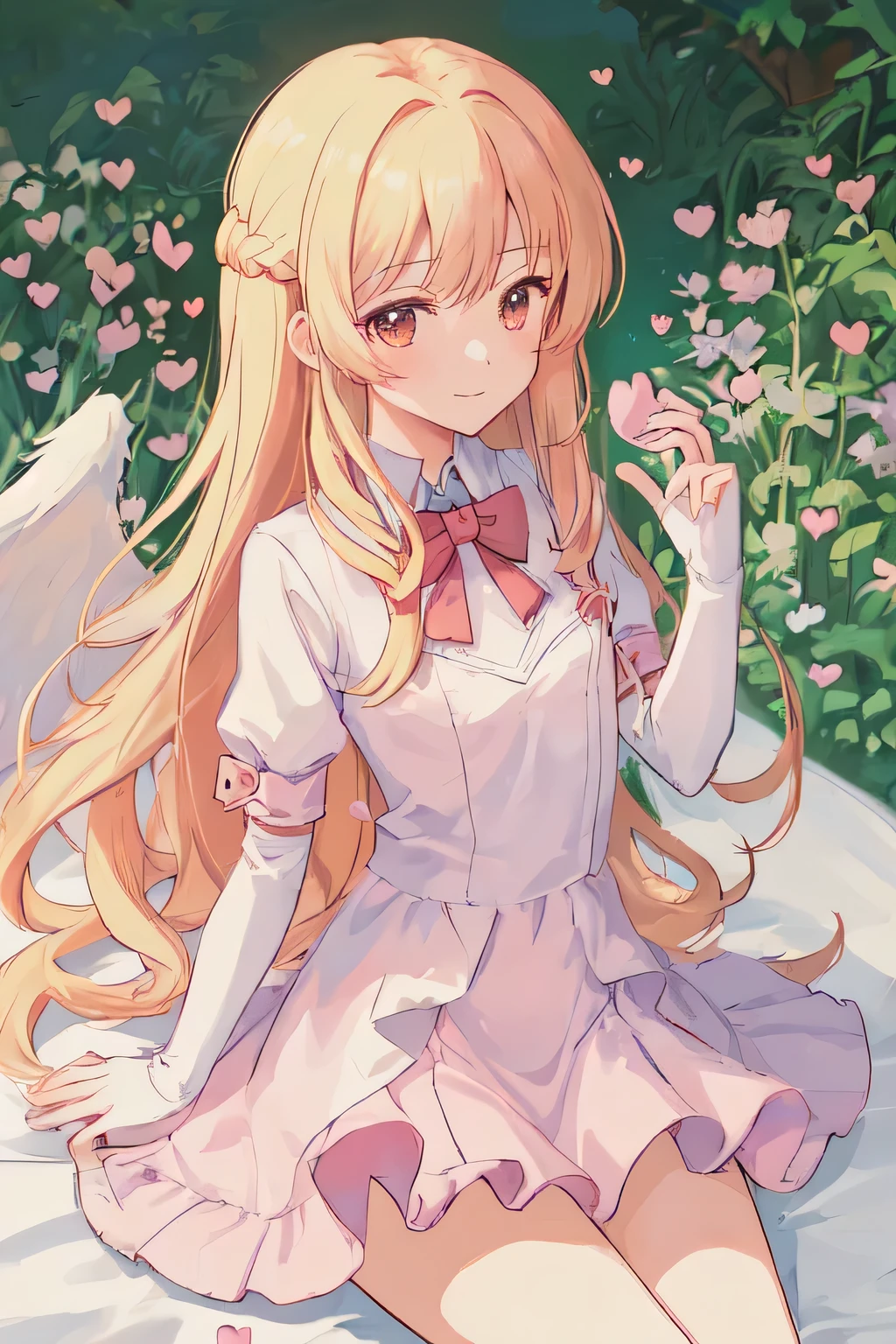 1_girl, (anime, kawai:2), (masterpeice, best_quality, clean:1.5), (cute, cute_smile, young:1.5), (delicate, beautiful, thin:1.5), (girlfriend, angel:1.8), (green_eyes, simple_eyes:1.5) (long_hair, blond_hair, wearing_pink_dress, pink_angel_wings, sexy_gloves:1.5), extremely_delicate, (love_magic:1.5), (age_size_fits_body), (small_thighs:1.3), (breasts), (eye_level:1.3), (heart_magic, love:1.5)