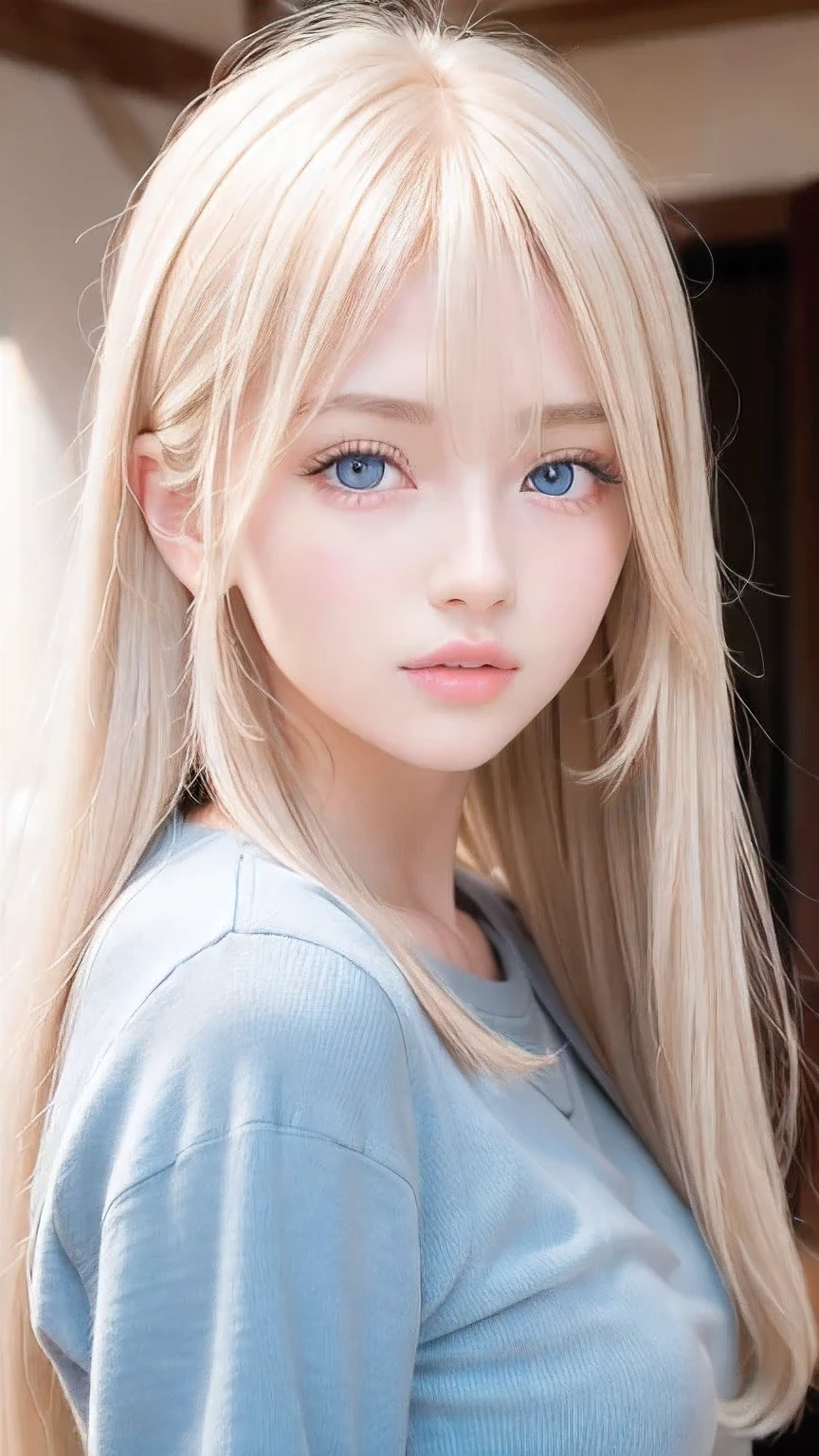 Super long straight silky blonde hair、Bangs hanging over the eyes、bangs on the face、A woman with beautiful, bright, large blue eyes is taking a photo, gorgeous young beautiful model, Portrait of Sophie Mudd, Beautiful female model, cute young beautiful girl, Portrait of a beautiful model, Beautiful Woman Photos, Perfect Face, 16 year old beautiful girl model, Beautiful young face, Blonde beautiful girl、Small Face Beauty、Round face、Tshirt、Ample Bust