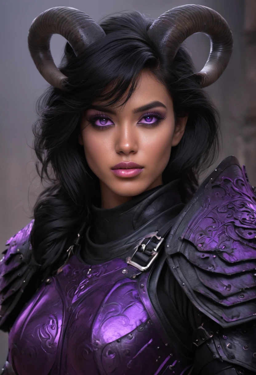a portrait of a beautiful human woman in her early 20s with bright violet eyes, BRIGHT VIOLET IRISES, long black ram horns, wolf cut black hair, tan skin, angular features, bright violet eyes, wearing fine BLACK medieval armor without a helmet, character portrait by senior character artist, Artstation, fantasy art, stunning character art, fantasy concept art portrait, bright violet eyes, epic exquisite character art, character portrait art, fantasy character portrait, fantasy female portrait, bright violet eyes, character concept art portrait, character art portrait, beautiful woman, (muted natural colors: 1.3), 1 critical role, human ears, muscular, wearing fine BLACK medieval armor without a helmet, evil female sorcerer, bright violet eyes, bright violet eyes