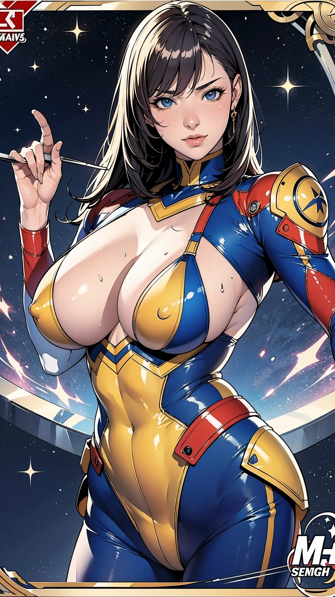 (masterpiece:1.2, Highest quality),(Very detailed),8K,wallpaper,1 female,Mature Woman,48 years old,Sentai Heroine,Muscular,((Metallic squadron suit)),(((Better Hands))),((The background is Galaxy Flash)),Random hairstyle,Random Pause,(((Beautiful female hands,detailed drawing of a hand))),cyber punk,((Beautiful trading cards,gold framed))