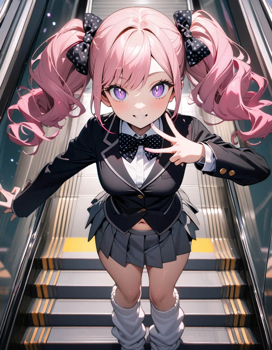 (8K, best quality, master piece: 1.2), super high resolution,1 girl,16yo,solo,1ultra-detailed face,detailed eyes,perfect hands, perfect fingers,sparkling pupils,Mascara,Bubblegum Pink hair,natural wave hair,twintails,amethyst Eyes,(scrunchie,blazer,Short pleated skirt),(gray:1.5),navel,polka-dot pattern bow tie,smaile,medium breasts,((loose socks)),(making a peace sign),リムライト,standing on a down escalator,Look at Viewer