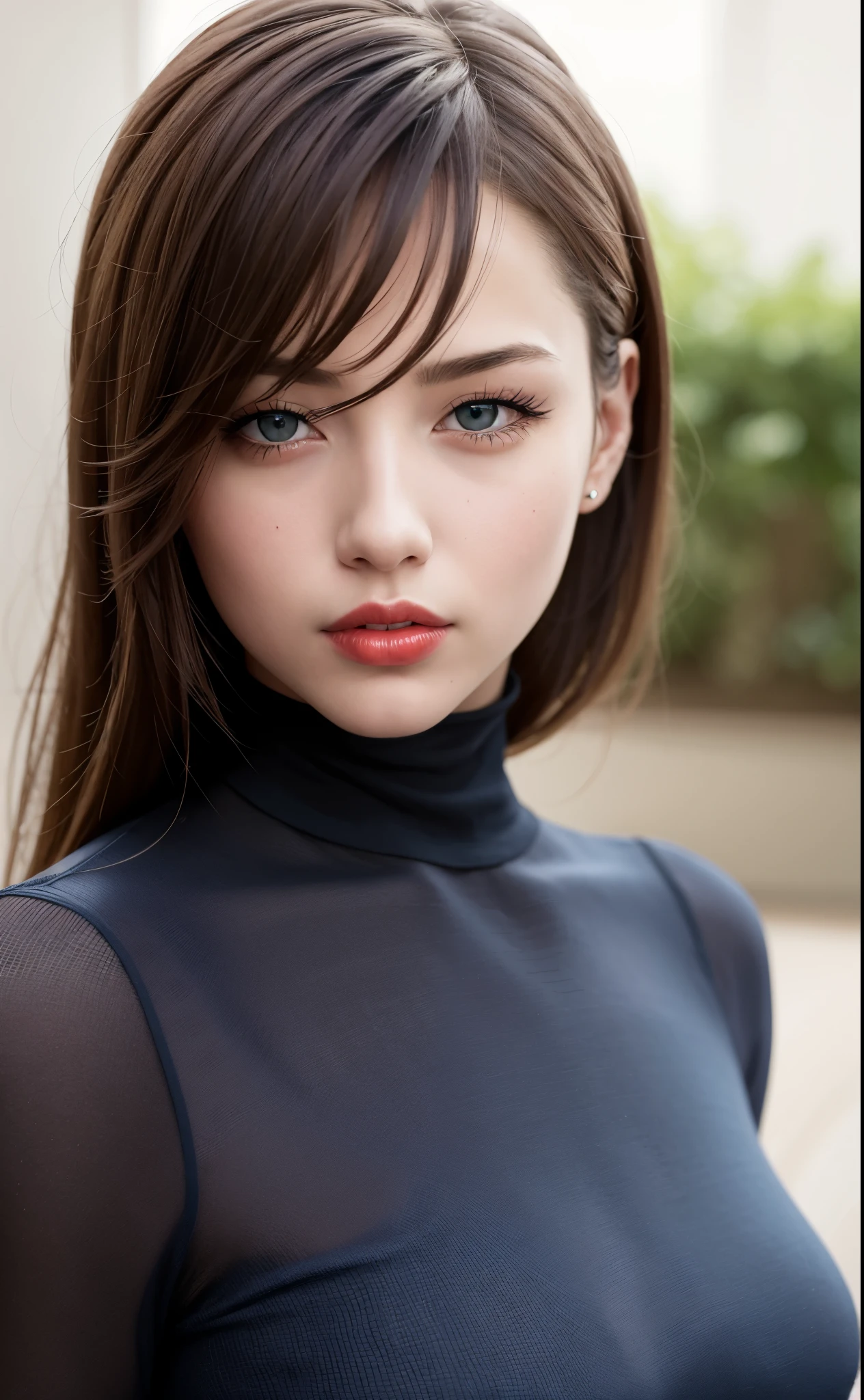 best quality, ultra high res, (photorealistic:1.4), (detailed beautiful girl:1.4), (medium breasts:0.8), looking_at_viewer, Detailed facial details, beautiful detailed eyes,Brown Hair, blue eyes, slender, haunting smile, (makeup:0.3), red lips, highly detailed clothes, (ulzzang-6500-v1.1:0.3)