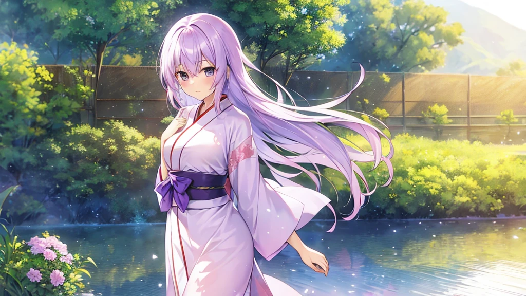 woman clear Light purple hair kimono Anime Style wandering farm