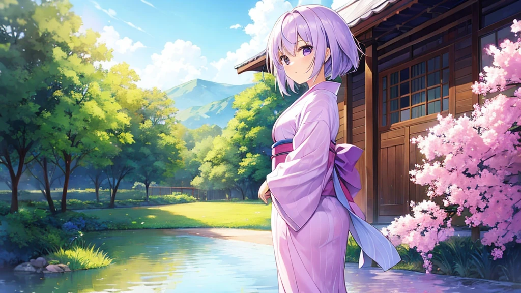 woman clear Light purple hair kimono Anime Style wandering farm