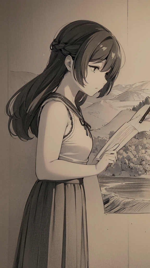 One Girl,Line art,Monochrome,sketch,Pencil drawing,Traditional Media,One Girl, skirt,Cute Teenage Girls, ,Beautiful portrait、Delicate body、Black Hair、Black Hair,landscape
