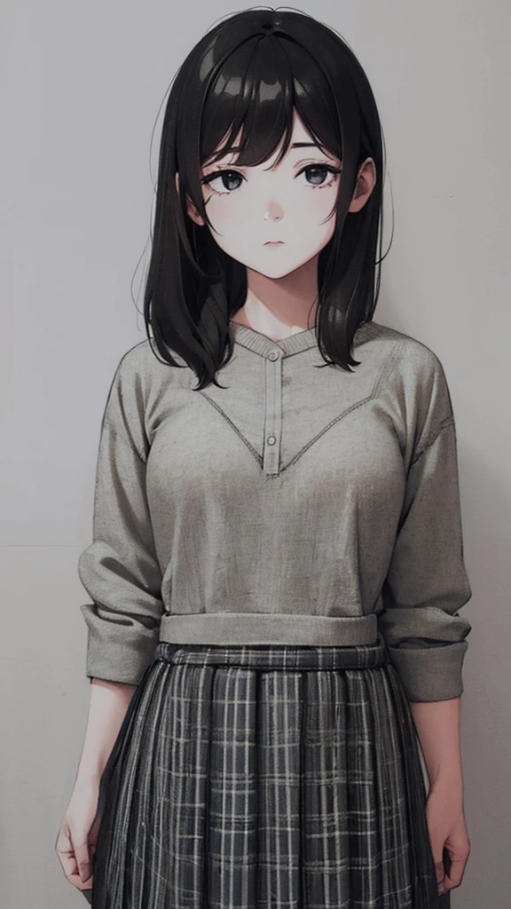 One Girl,Line art,Monochrome,sketch,Pencil drawing,Traditional Media,One Girl, skirt,Cute Teenage Girls, ,Beautiful portrait、Delicate body、Black Hair、Black Hair,landscape