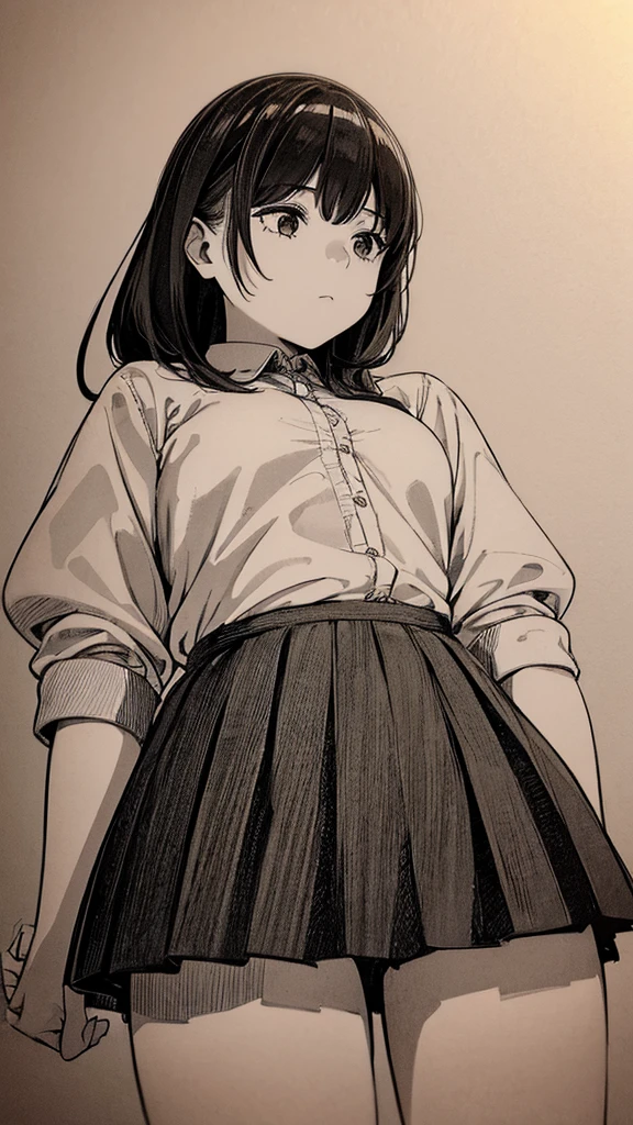 One Girl,Line art,Monochrome,sketch,Pencil drawing,Traditional Media,One Girl, skirt,Cute Teenage Girls, ,Beautiful portrait、Delicate body、Black Hair、Black Hair,landscape