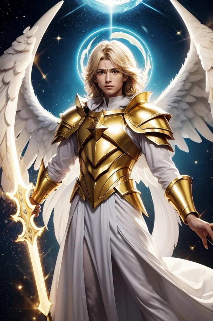 Angel Gabriel emerging from a portal of heaven with golden armor and a diamond sword 