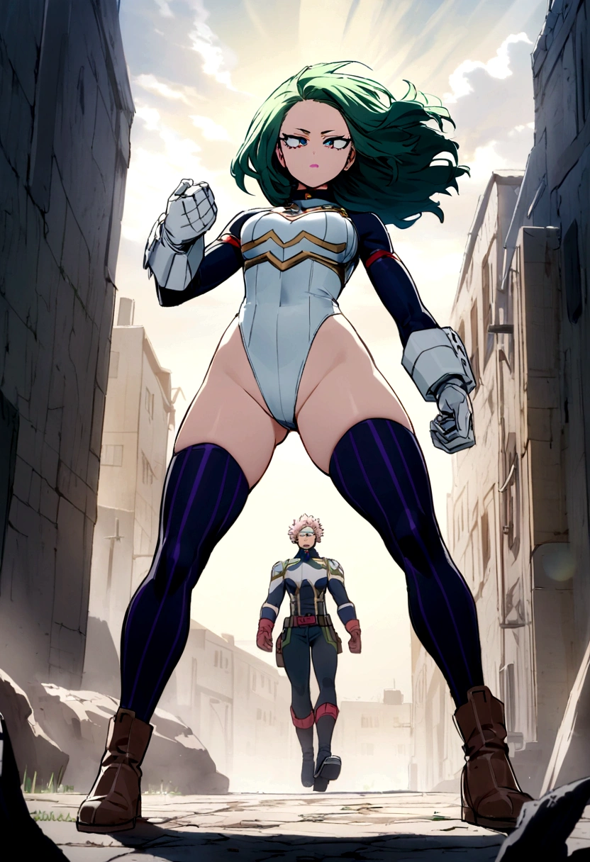 Screenshot of boku no hero academia. beautiful girl. high . very fair complexion with pronounced purple circles under the eyes , strong, slanted blue eyes short, close-fitting hair .strong green color. pale pink lips . white leotard hero costume with black stripes, una falda blanca y botas highs hasta la rodilla color negra y guantes color ?????. Complete plan