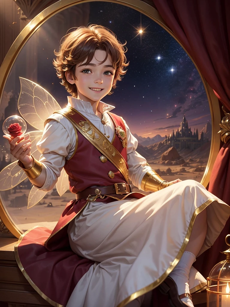 Best picture quality, fairy tale world, young 5  boy in prince costume, single red rose, holding glass dome with red rose, happy smile, great smile, very cute boy, amazingly very large round shining eyes, golden hair, desert background, image from the story of the prince of the stars,