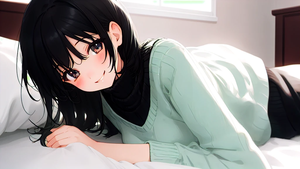 beautiful girl、Black knit、On the bed、Eye highlightasterpiece、high resolution、smile、Black Hair、Pastel tones