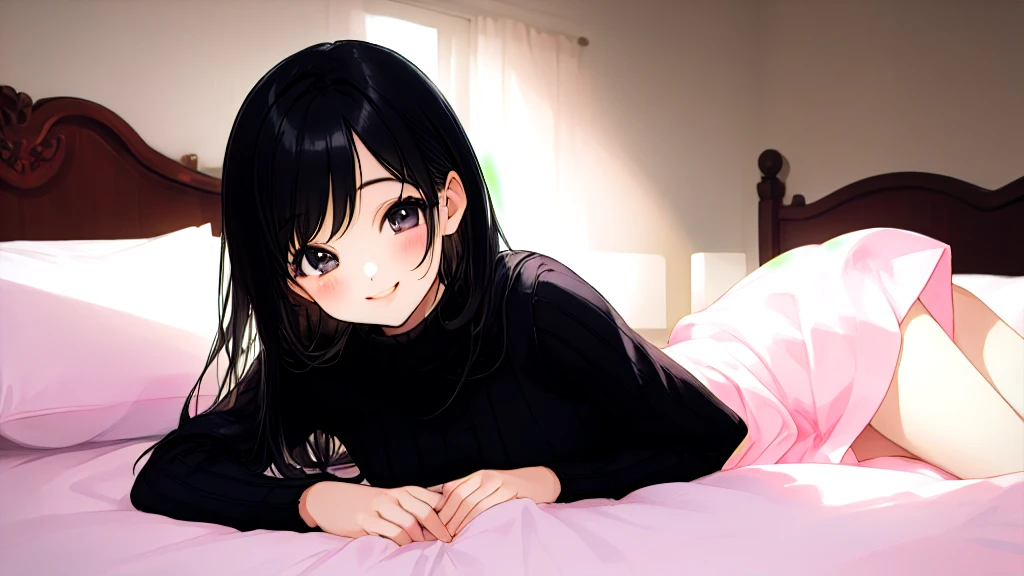 beautiful girl、Black knit、On the bed、Eye highlightasterpiece、high resolution、smile、Black Hair、Pastel tones
