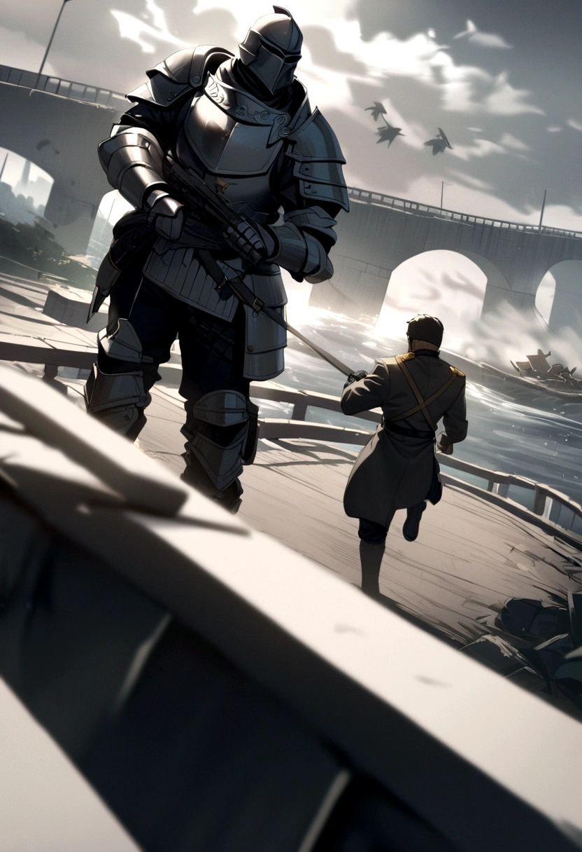 2man, knights armor, military uniform, 2 man fighting in a modern day bridge, fighting scene, view from afar,