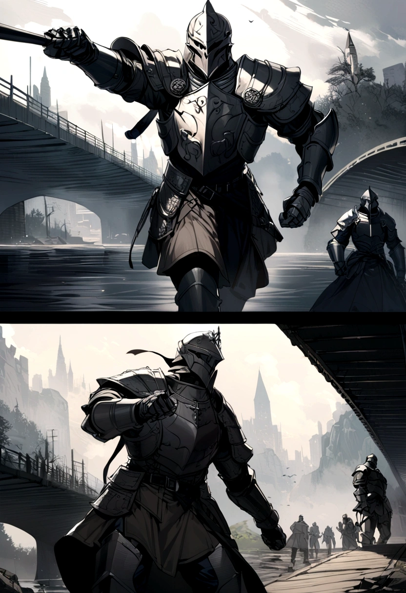 2man, knights armor, military uniform, 2 man fighting in a modern day bridge, fighting scene, view from afar,