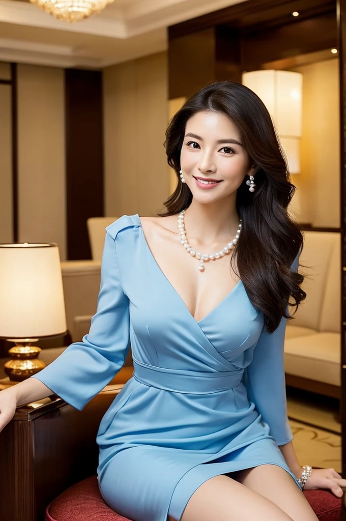 VIP room of hotel lounge, lounge mama of resort hotel, ((full body)), ((photo)), ((best qualtiy, 8K, tmasterpiece:1.3)), Focus:1.2, perfect figure beautiful woman:1.4, 1woman, cowboy shot, look at viewer, eyes facing the camera, incredibly absurd, beautiful and cute woman with a photorealistic face, showcasing top-quality craftsmanship, A Japanese woman welcoming guests in the Japanese-style lounge of a resort hotel, 37 years old, has long, lustrous black hair, long jet black hair, elegantly styled, beautiful hair, fair skin, smooth skin, well-defined facial features, gentle eyebrows, plump lips, bright smile, well-aligned teeth, deep brown eyes that exude intelligence and sexiness, refined facial features, beautiful skin, elegant atmosphere, tall, glamorous, well-balanced proportions, large G-cup breasts, a cool pale blue dress with a waist-marked design and elegant frills on the sleeves and skirt, pearl earrings and necklace, a diamond ring on the ring finger of the left hand, a silver bracelet on the right wrist, beautiful, mature, neat, cute voice, soothing, Japanese-style beauty, cheerful and kind, a good listener who can get along with anyone, mysterious with a deep loneliness inside, hardworking, expressive with rich emotions, also has a playful side, August