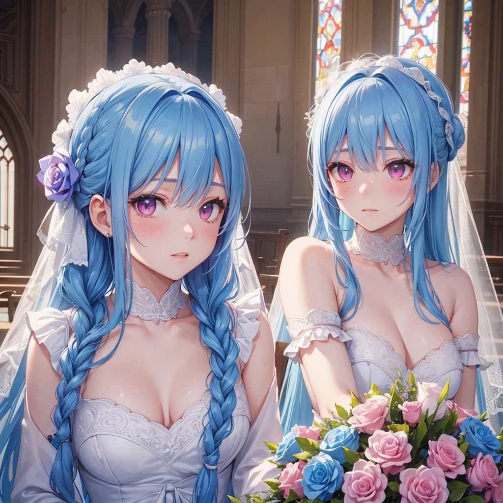 Sky blue hair, (Braided Ponytail),(Pink Eyes),Fair skin ,(whole body),(One girl),bride,blush,Straight bangs, 6月のbride,Wedding dress,(masterpiece, Highest quality, Very detailed, Best Shadow), (Detailed Background), (Beautifully detailed face), High Contrast, (Best lighting, Very delicate and beautiful), ((Cinematic Light)), colorful, Hyper Detail, Dramatic Light, Intricate details,Chapel,Bouquet of roses