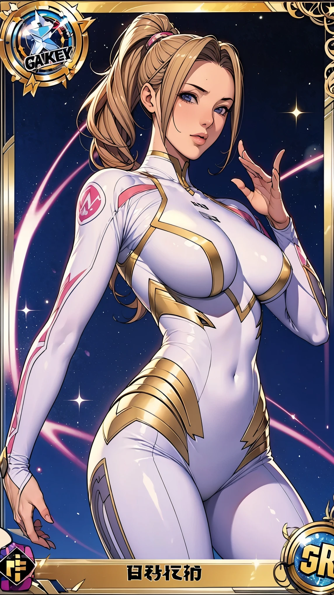 (masterpiece:1.2, Highest quality),(Very detailed),8K,wallpaper,1 female,Mature Woman,48 years old,sentai heroine pink,Muscular,((White metallic squadron suit)),(((Better Hands))),((The background is Galaxy Flash)),Random hairstyle,Random Pause,(((Beautiful female hands,detailed drawing of a hand))),cyber punk,((Beautiful trading cards,gold framed))