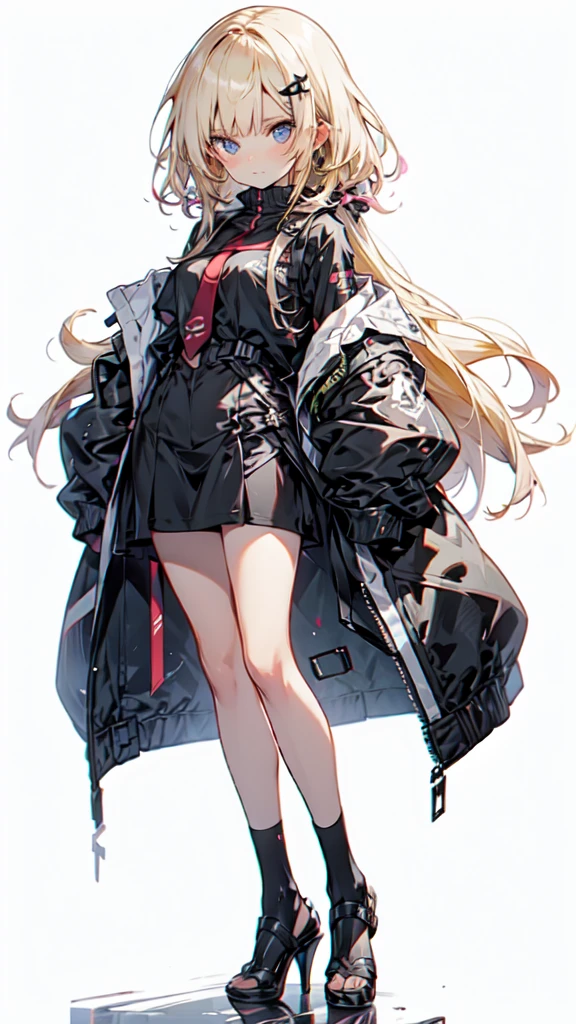 anime girl with blonde hair and black jacket and tie, visual anime of a cute girl, blonde anime girl with long hair, clean and detailed anime style, an anime girl, young anime girl, anime moe art style, anime girl, flat anime style, cute anime girl, portrait of an anime girl, high quality anime art style, portrait anime girl, (anime girl), black heels, mano en el bolsillo 