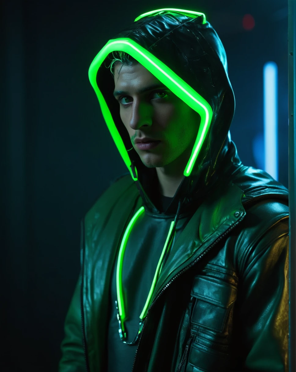 whole body (portraite:0.7) young man photography (green neon futuristic mascara:1.2) (name `ICe Framer´ in hood on head, :0.7) , (dressed:1.1), (detailded:1.1), (marvel type:1.1), (nevoa verde neon:1.1), (name ´ICE FRAMER` On the chest:1.1), cinematic lighting, perfect composition, chic, no crop, 4K, sharp focus, work of art, contra-luz, cinematic, cyber punk, photorrealistic, Blade runner, Action, moody lighting