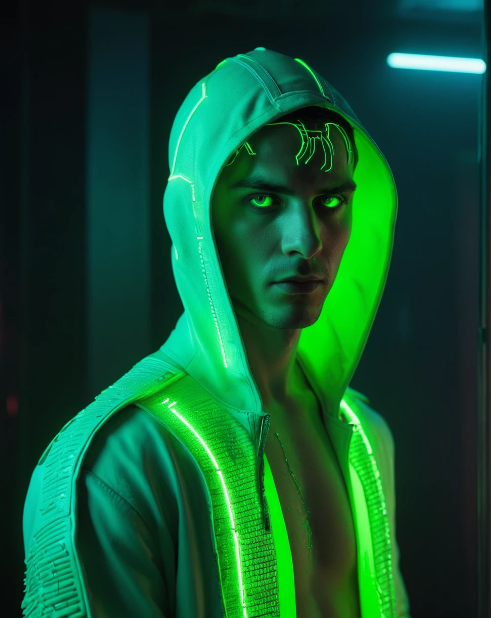 whole body (portraite:0.7) young man photography (green neon futuristic mascara:1.2) (name `ICe Framer´ in hood on head, :0.7) , (dressed:1.1), (detailded:1.1), (marvel type:1.1), (nevoa verde neon:1.1), (name ´ICE FRAMER` On the chest:1.1), cinematic lighting, perfect composition, chic, no crop, 4K, sharp focus, work of art, contra-luz, cinematic, cyber punk, photorrealistic, Blade runner, Action, moody lighting