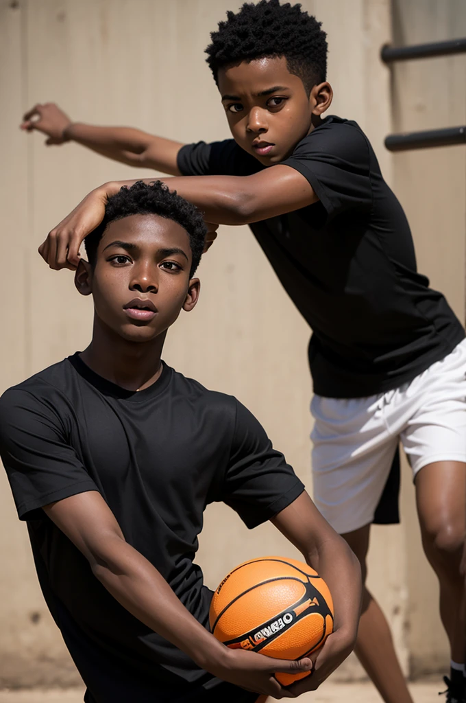 Draw a dark-skinned boy in a black shirt with orange arms playing ball