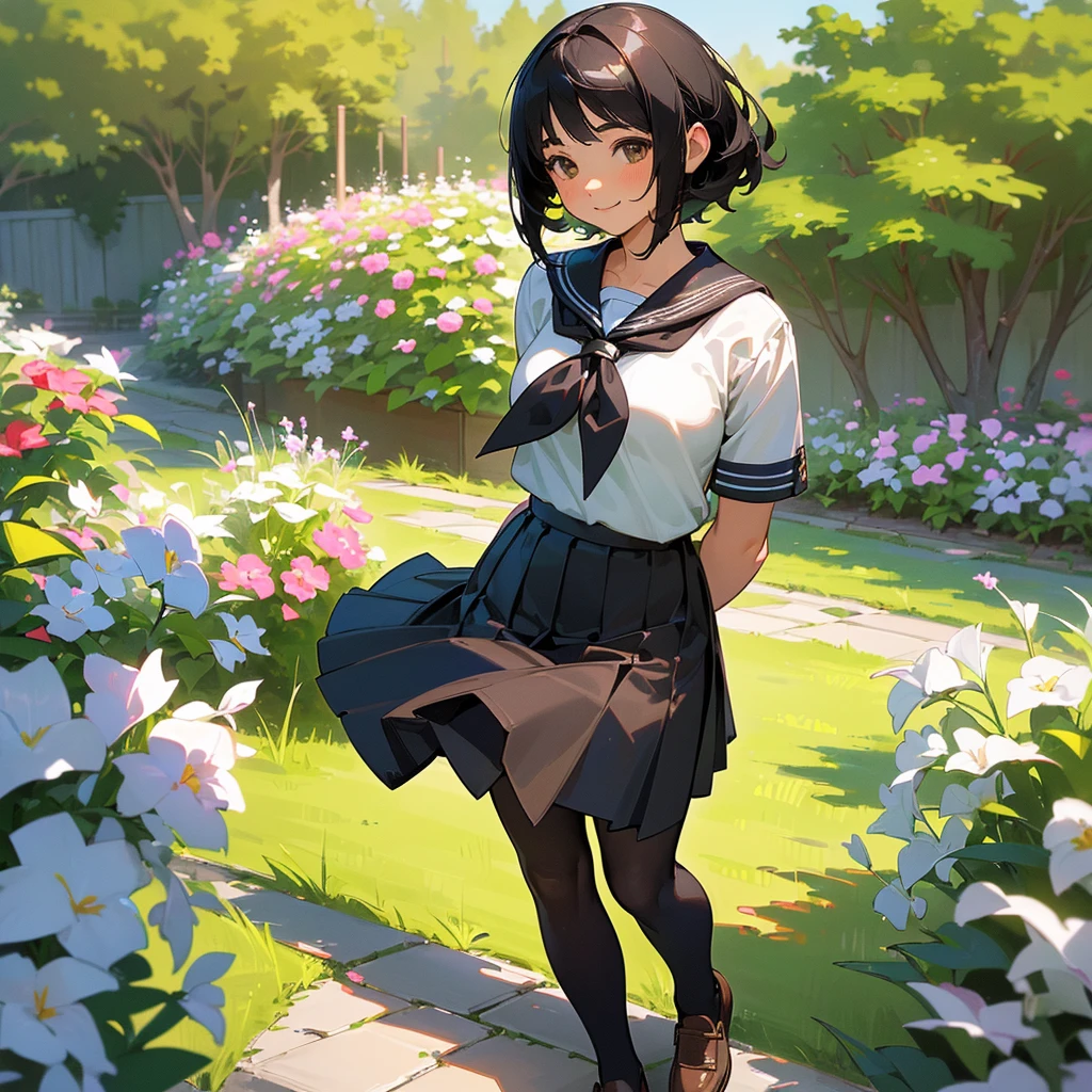 (Highest quality, High resolution, Super detailed, Realistic:1.37), Peaceful atmosphere, (Outdoor, garden), Teenage girl standing alone,(my breasts are big.),Beautifully detailed features, Cute Smile, ((Black bob hair)),Short-sleeved sailor uniform, Pleated skirt,Black tights,Brown leather shoes.
