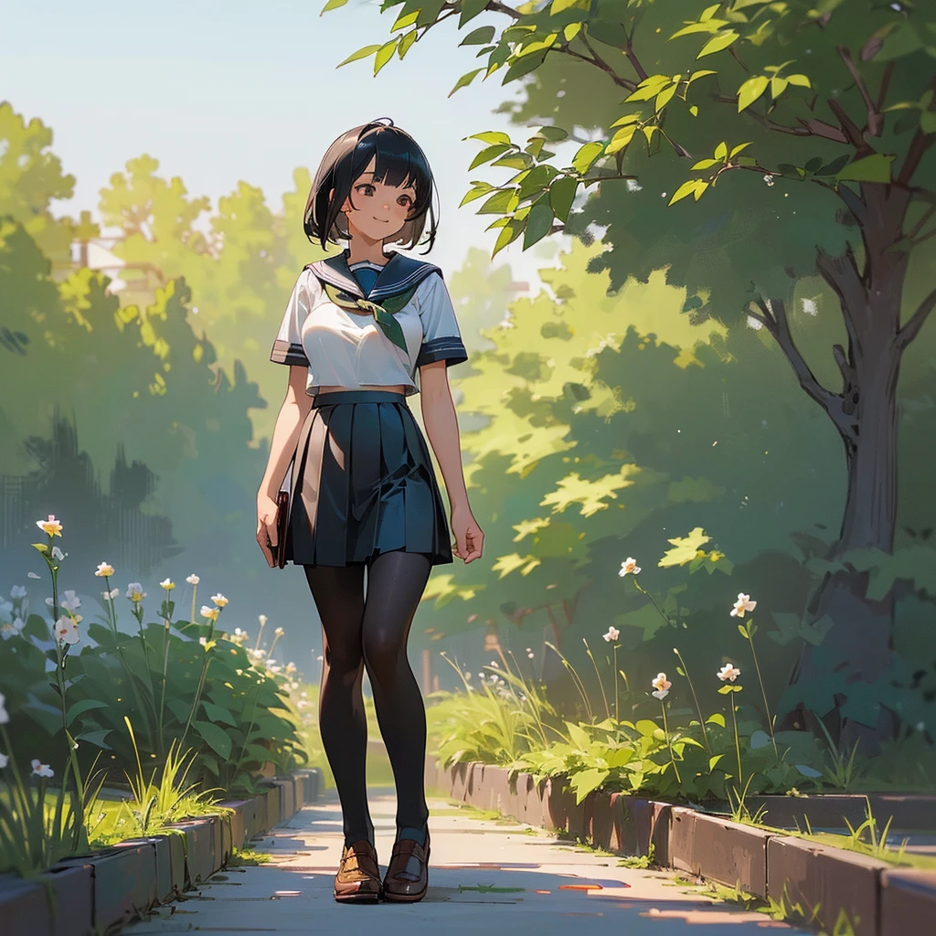 (Highest quality, High resolution, Super detailed, Realistic:1.37), Peaceful atmosphere, (Outdoor, garden), age girl standing alone,(my breasts are big.),Beautifully detailed features, Cute Smile, ((Black bob hair)),Short-sleeved sailor uniform, Pleated skirt,Black tights,Brown leather shoes.
