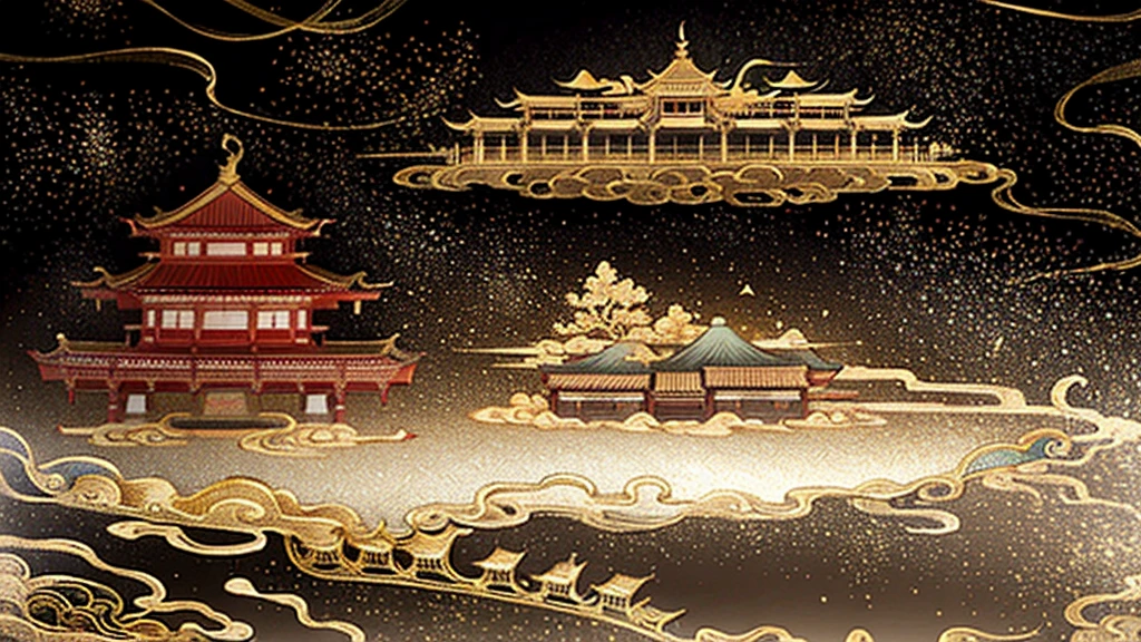 Gold leaf art、Ancient Japanese Background, Mountain々, Rivers, Auspicious clouds, Pavilion,shrine、Japanese Castle、 sunlight, masterpiece, Super detailed, A magnificent composition, Ultra HD, high quality, Very detailed, Official Art, Unified 8k wallpaper, Super detailed, 32k -- V 6