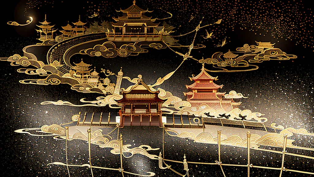 Gold leaf art、Ancient Japanese Background, Mountain々, Rivers, Auspicious clouds, Pavilion,shrine、Japanese Castle、 sunlight, masterpiece, Super detailed, A magnificent composition, Ultra HD, high quality, Very detailed, Official Art, Unified 8k wallpaper, Super detailed, 32k -- V 6