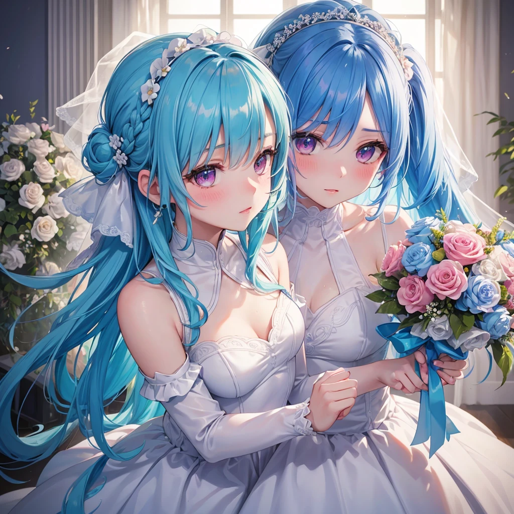Sky blue hair, (Braided Ponytail),(Pink Eyes),Fair skin ,(whole body),(One girl),bride,blush,Straight bangs, 6月のbride,Wedding dress,(masterpiece, Highest quality, Very detailed, Best Shadow), (Detailed Background), (Beautifully detailed face), High Contrast, (Best lighting, Very delicate and beautiful), ((Cinematic Light)), colorful, Hyper Detail, Dramatic Light, Intricate details,Chapel,Bouquet of roses