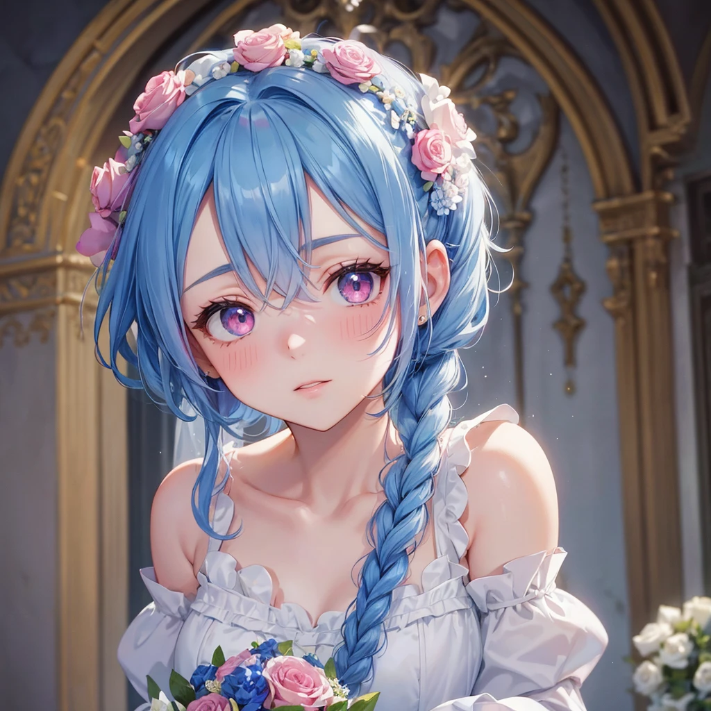 Sky blue hair, (Braided Ponytail),(Pink Eyes),Fair skin ,(whole body),(One girl),bride,blush,Straight bangs, 6月のbride,Wedding dress,(masterpiece, Highest quality, Very detailed, Best Shadow), (Detailed Background), (Beautifully detailed face), High Contrast, (Best lighting, Very delicate and beautiful), ((Cinematic Light)), colorful, Hyper Detail, Dramatic Light, Intricate details,Chapel,Bouquet of roses
