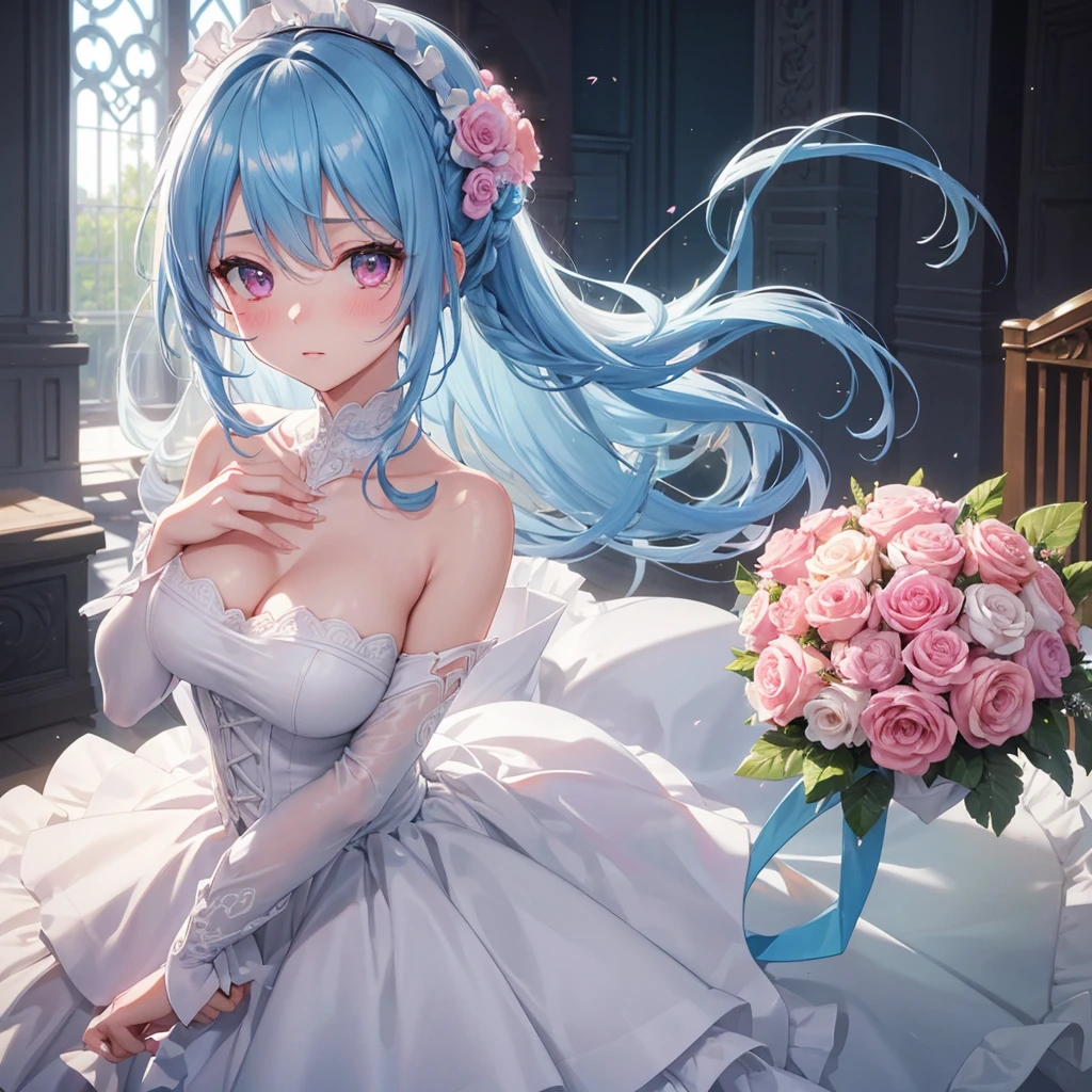 Sky blue hair, (Braided Ponytail),(Pink Eyes),Fair skin ,(whole body),(One girl),bride,blush,Straight bangs, 6月のbride,Wedding dress,(masterpiece, Highest quality, Very detailed, Best Shadow), (Detailed Background), (Beautifully detailed face), High Contrast, (Best lighting, Very delicate and beautiful), ((Cinematic Light)), colorful, Hyper Detail, Dramatic Light, Intricate details,Chapel,Bouquet of roses