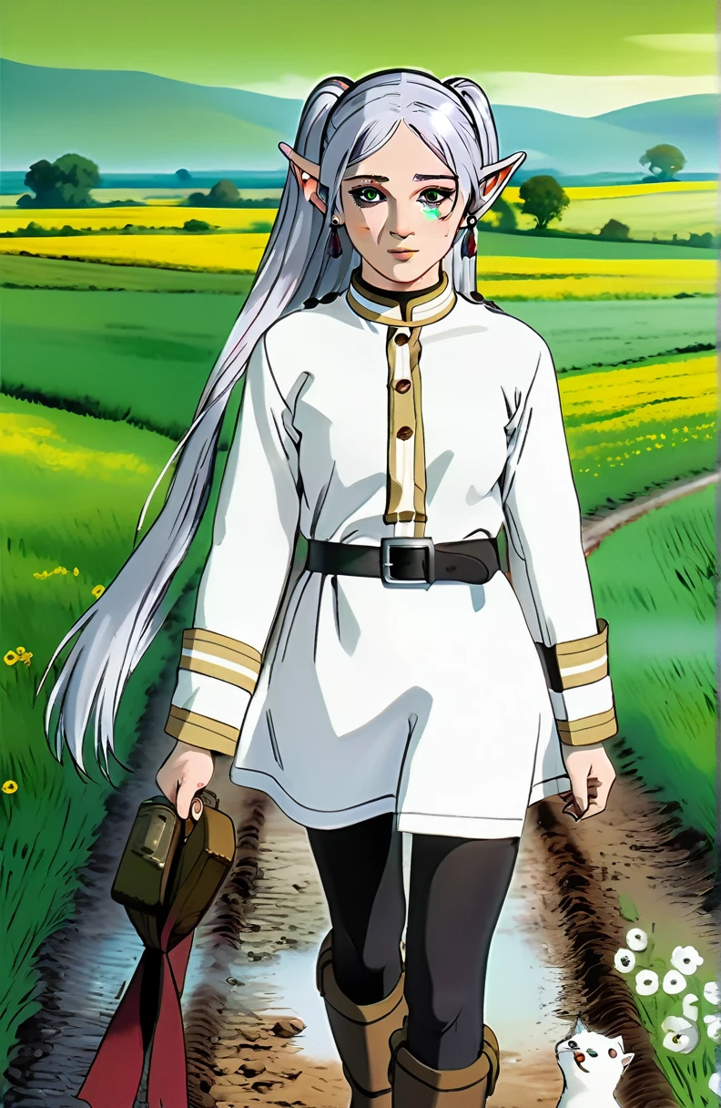 incredible quality, ultra detaild, work of art, movie poster.
1 imposing, confident and powerful adult woman, freeze, elf ears, gray hair, cabelo twintails, greeneyes, make-up, black mascara, ombre, Red Earrings, White jacket with buttons and dark yellow details, Striped shirt with black horizontal stripes, black belt, belt buckle, white skirt with dark yellow details to the knee, black pantyhose, brown boots, walking on a dirt road with small loose stones and in the background a green field with flowers, extremely detaild, 