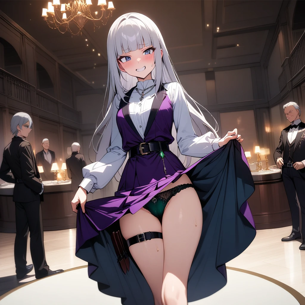 (masterpiece),(best quality),very aesthetic,(ultra-detailed),(illustration),nsfw,1girl,yo,slender,long hair,silver hair,straight hair,(blunt bangs),dark blue alluring eyes,(annoyed:0.8),grin,sweat,wine glass,drunk,(skirt hold),bows lightly,crossed legs,standing,(head tilt:0.5),Gorgeously carved stone walls,An elegant and sophisticated outfit perfect for a party, featuring a purple velvet dress with green lace accents,long sleeves,Silver necklace with embedded emerald gemstone,toxic dark green lace panties,Guest house of Western aristocracy,Luxurious and spacious halls,High ceiling,table,A sumptuous meal is laid out on tables,cowboy shot,pantyshot,crowded with Mob Western aristocrats chatting with each other,(a belt around thigh, Knife strapped to thigh belt:1.2)