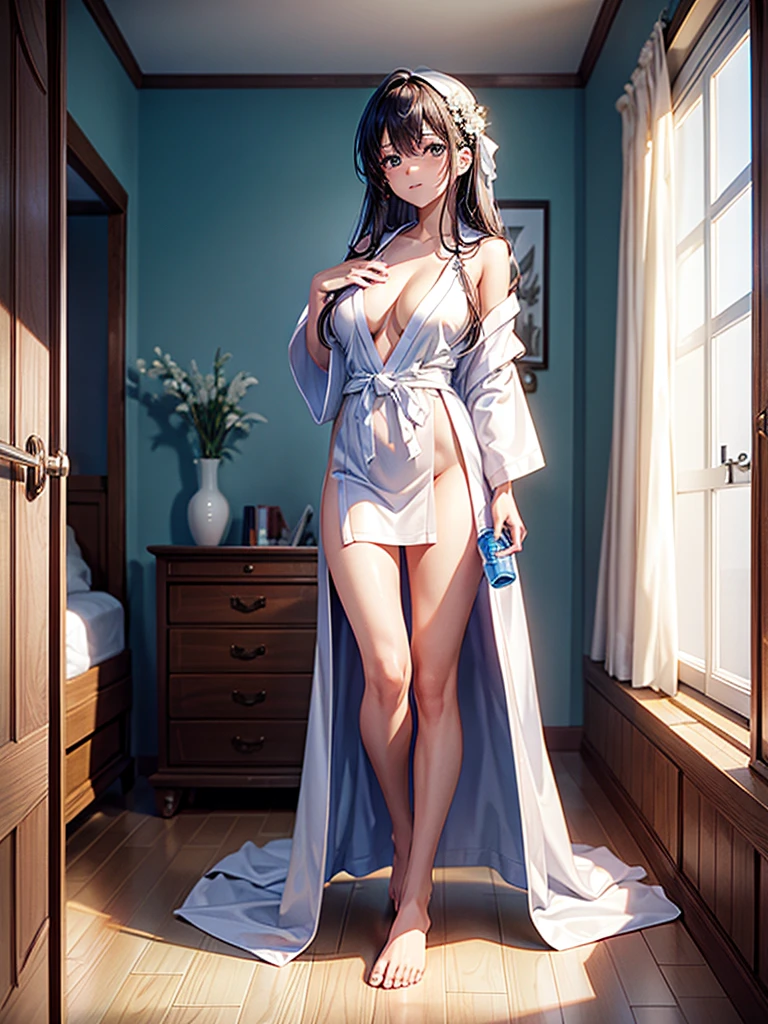 Highest Resolution,Highest quality,A beautiful girl wearing a gown bathrobe and holding a plastic bottle in her bedroom,underwear,Full body close-up,white bathrobe gown,