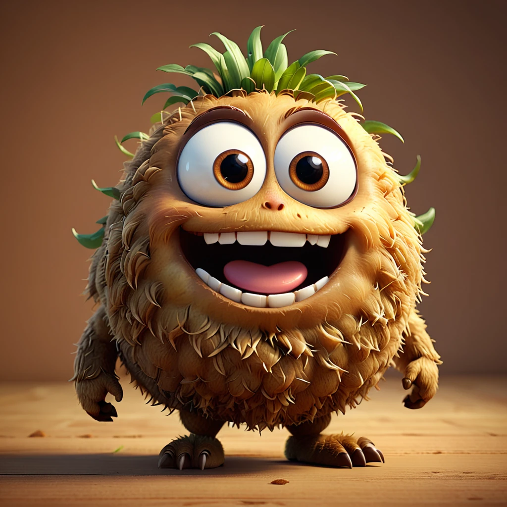 A cute potato monster with big eyes and a round, fluffy body, happily smiling. The cartoon character is designed in the style of Pixar animation studio, created using C4D software. It has an adorable brown color scheme and showcases a playful expression. --ar 1:1 --v 6.0 3D render