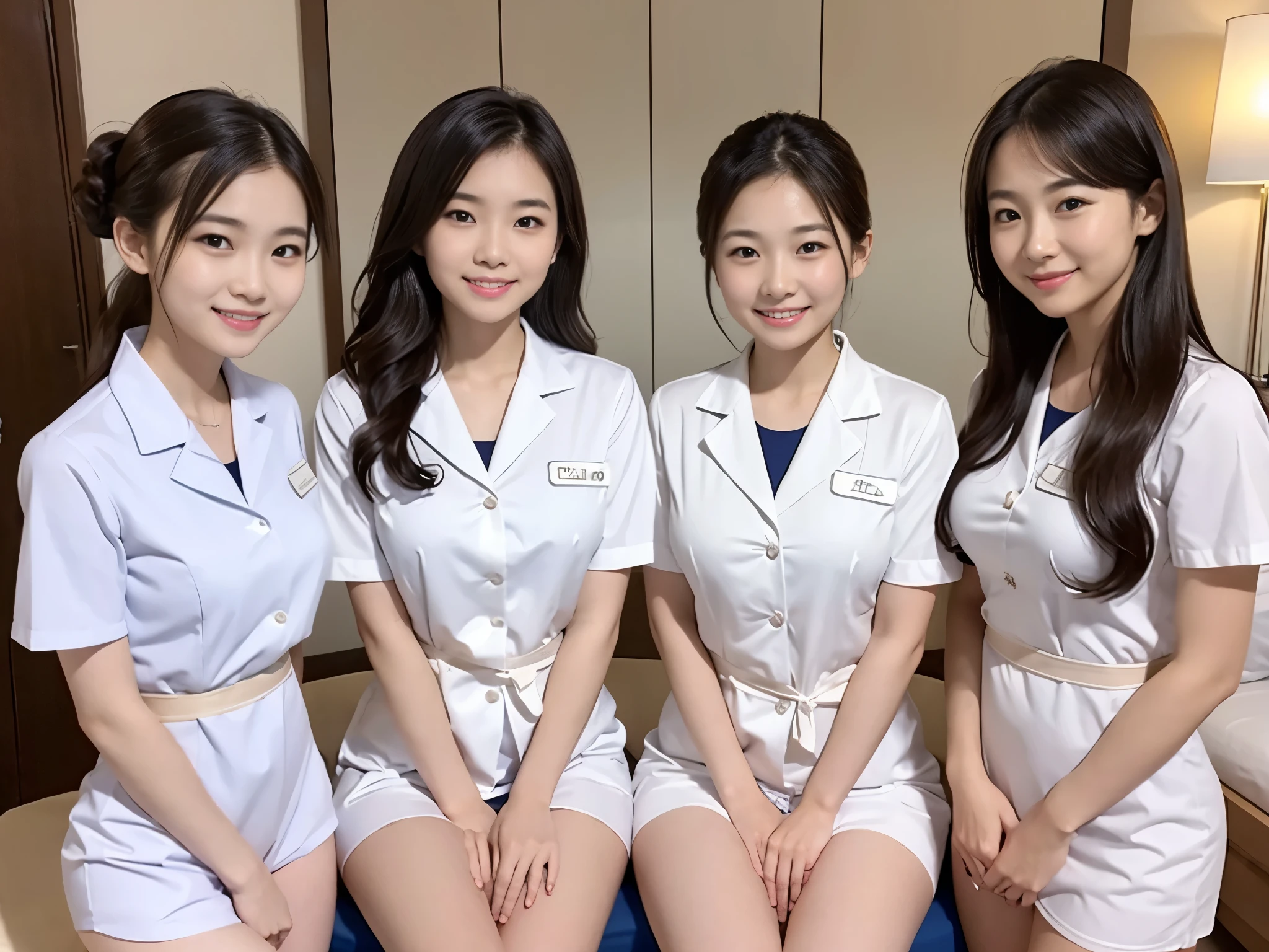 Three beautiful women、15 years old 、Upper Body、Waist、thigh、White panties、Lie down、Lady、80mm lens、Highest quality、Small breasts、Small Breasts、Are thin、Luxury、smile、Reception、Nurse uniform、Two Nurses