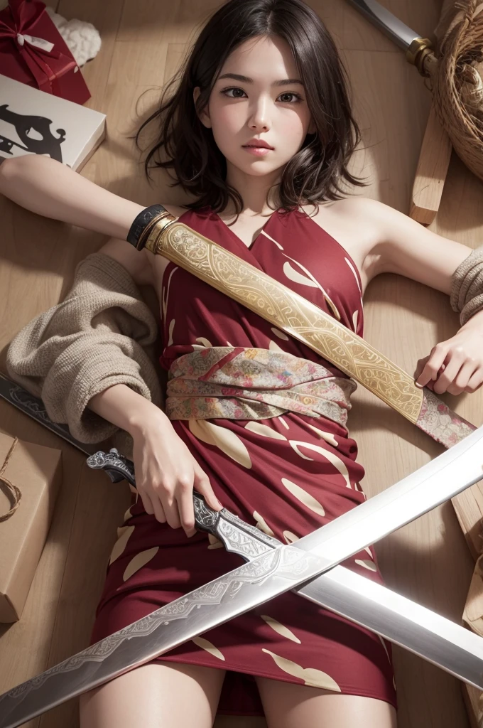 Make a picture of living wrapping paper, using a giant sword 