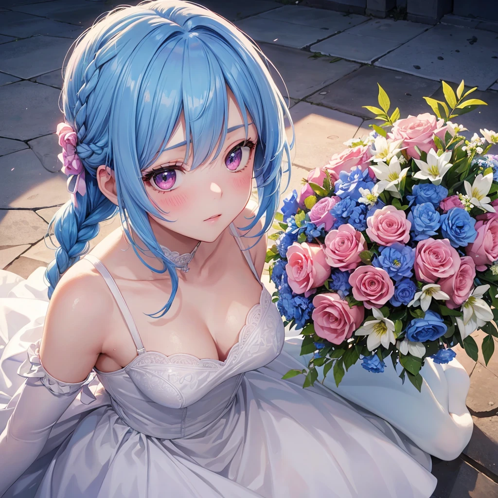 Sky blue hair, (Braided Ponytail),(Pink Eyes),Fair skin ,(whole body),(One girl),bride,blush,Straight bangs, 6月のbride,Wedding dress,(masterpiece, Highest quality, Very detailed, Best Shadow), (Detailed Background), (Beautifully detailed face), High Contrast, (Best lighting, Very delicate and beautiful), ((Cinematic Light)), colorful, Hyper Detail, Dramatic Light, Intricate details,Chapel,Bouquet of roses